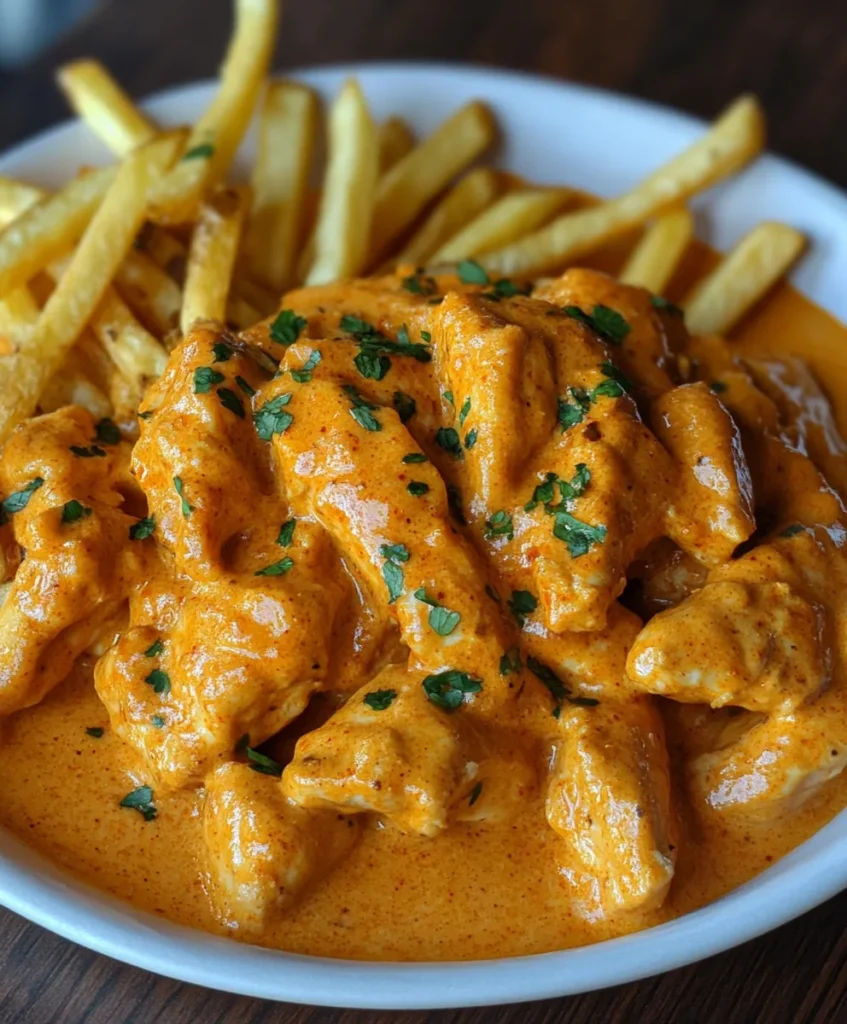 Butter Chicken with Garlic Sauce and Crispy Fries