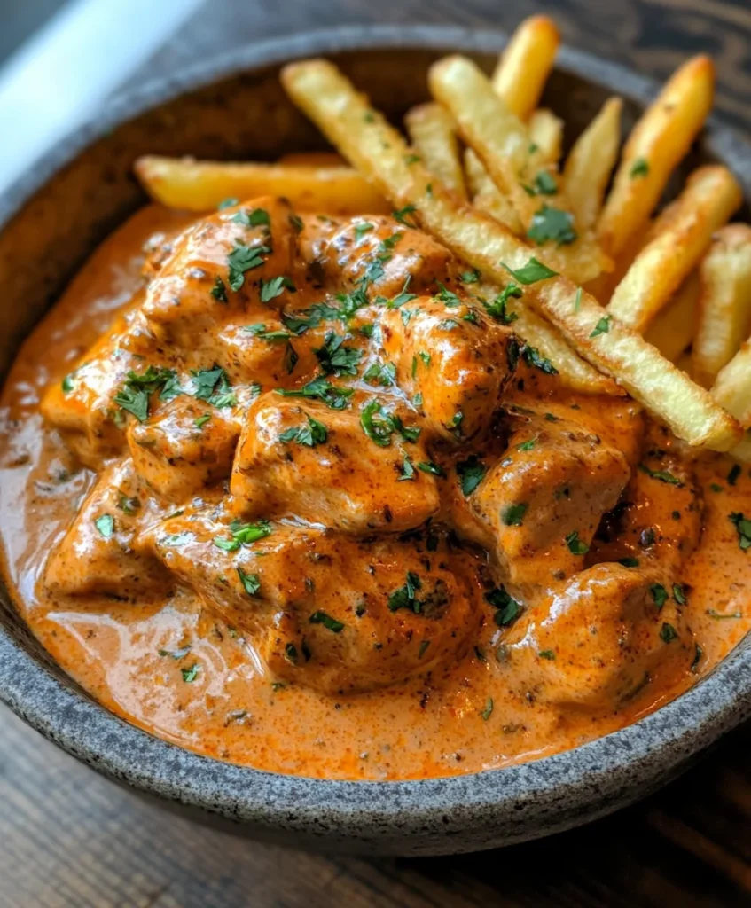 Butter Chicken with Garlic Sauce and Crispy Fries