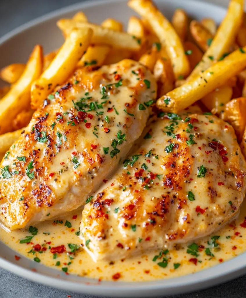 Chicken Fillet in Spicy, Creamy Garlic-Parmesan Sauce with Fries