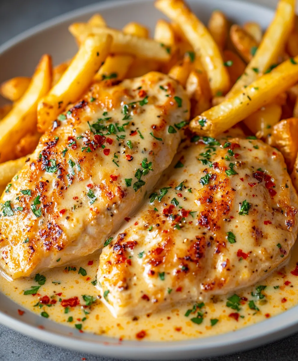 Chicken Fillet in Spicy, Creamy Garlic-Parmesan Sauce with Fries