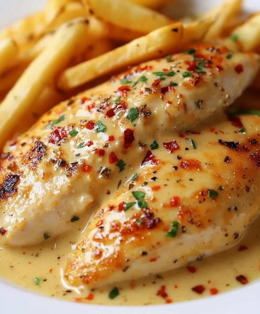Chicken Fillet in Spicy, Creamy Garlic-Parmesan Sauce with Fries