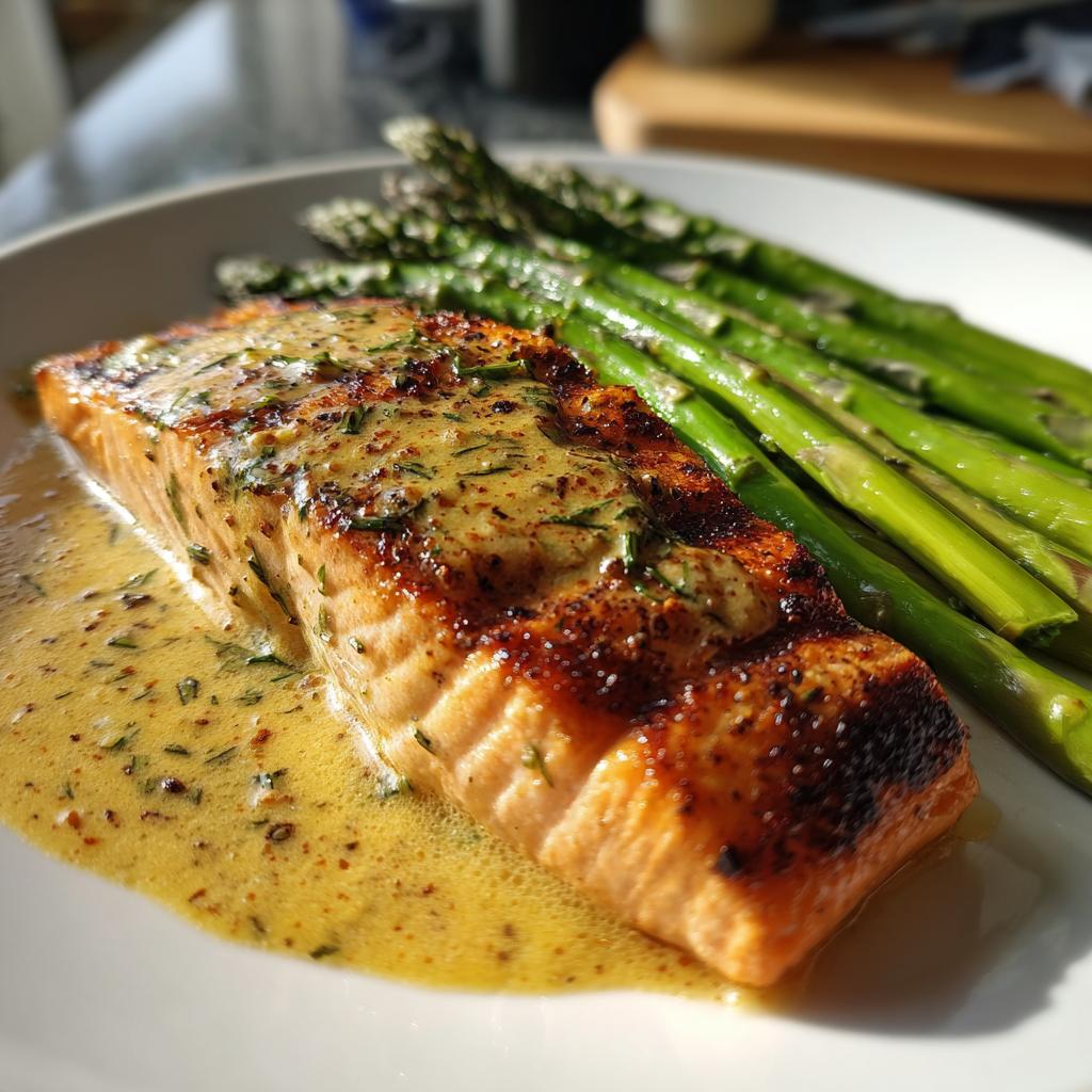 Grilled Salmon in Lemon Butter Dill Sauce with Steamed Asparagus - detail 1
